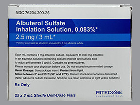Albuterol Sulfate Inhalation Solution USP, Ampuls 0.083%, 2.5 mg / 3 mL Sterile Unit-Dose Vials by Ritedose Pharmaceuticals, LLC  ID 76204-0200-25